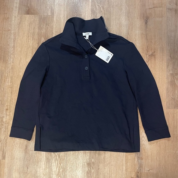 COS Buttoned Funnel-Neck Top - Blue - Picture 3 of 11